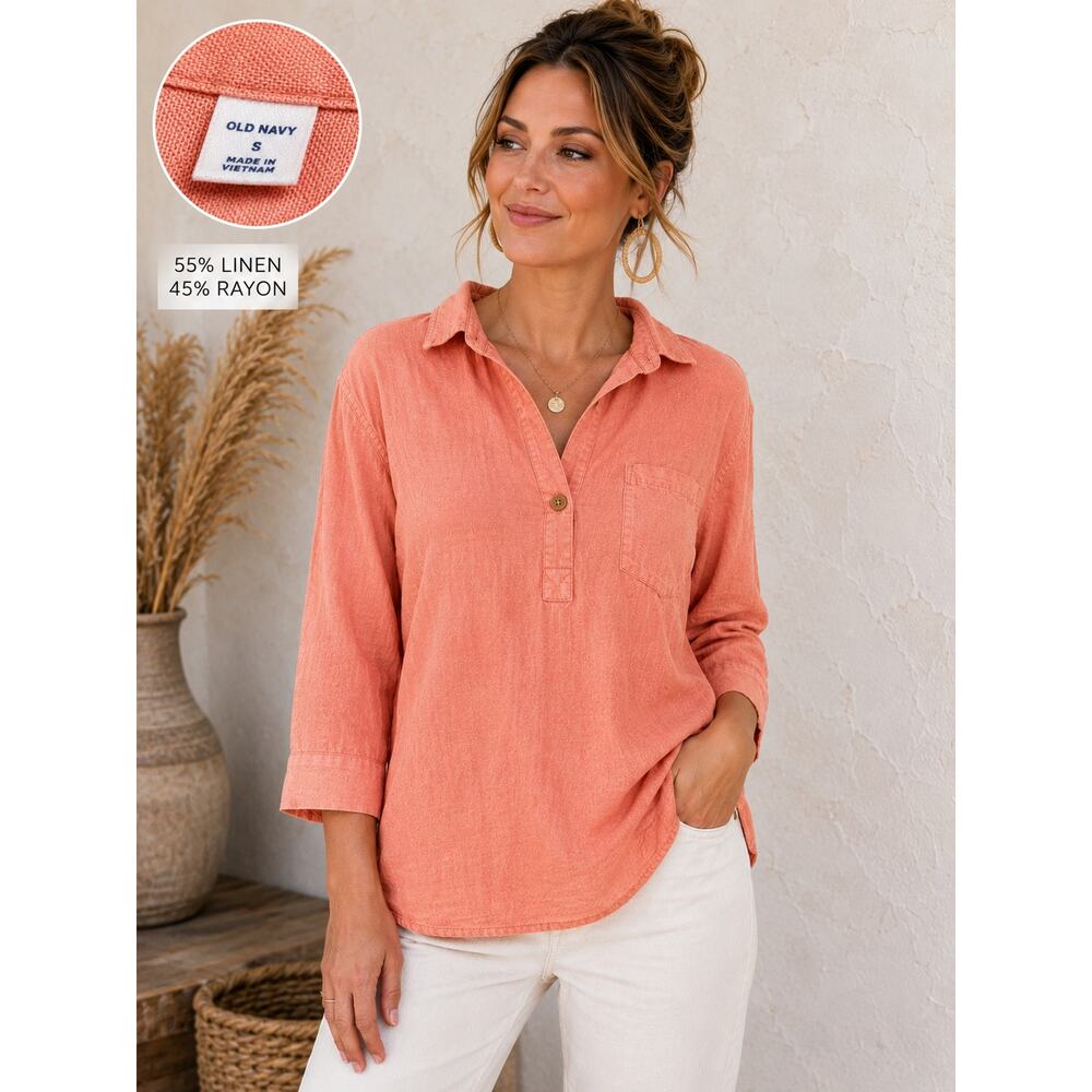 Old Navy Linen Blend Popover Tunic Top Peach Coral 3/4 Sleeve Small